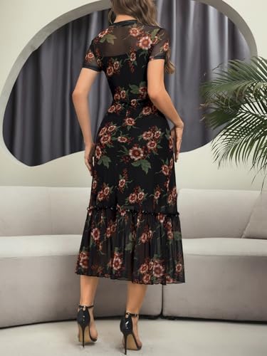 Image of GothDark Women's Summer Floral Mesh Ruffle Dress Short Sleeve Round Neck Waist Cinched Casual Maxi Wedding Guest Dresses