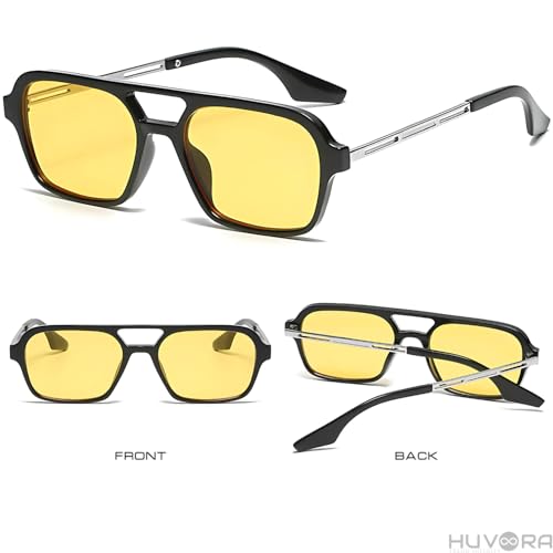 Image of Retro Flat Square 70's Aviator Double Bridge Metal Sunglasses for Men Women | Anti Blue UV Protection Zero Power Stylish Computer Night Driving Glasses | Trendy Branded Goggles