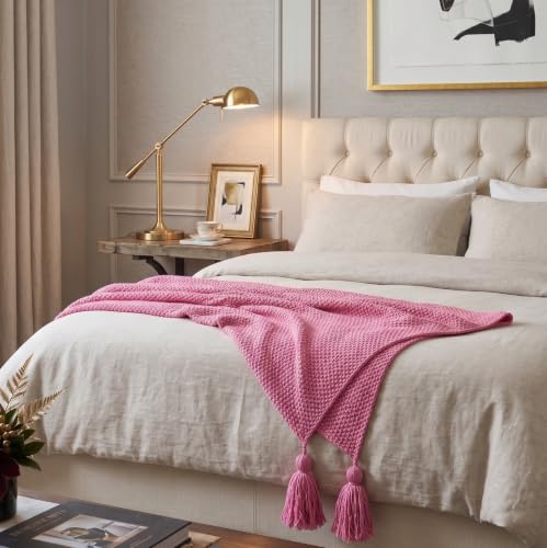 Image of Furnistitchs Plain Solid Knitted Sofa Throw Blanket 50x60 inches / 125x150 cms| Cotton Plain Knit with Tassels | Aesthetic Bohemian Decorative Couch Throws for Living Room & Bedroom (Pink)