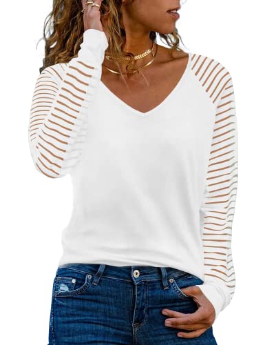 WEESO Womens Long Sleeve Tunic Tops Patchwork Sleeve Casual V Neck Loose Blouses Trendy 2023