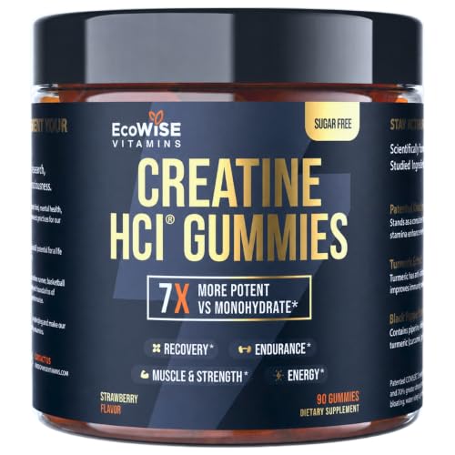 ECOWISE VITAMINS Creatine HCl Gummies with Turmeric & Black Pepper Extract, Sugar Free, Strawberry Flavor