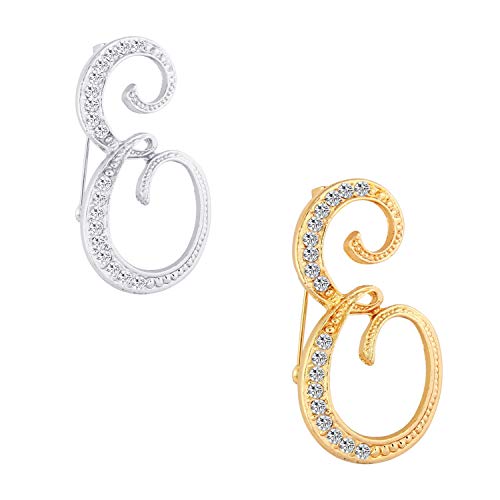 2Pcs Gold Plated Initial Crystal Brooches for Women Dainty A-Z 26 Monogram Lapel Pin Jewelry (E)