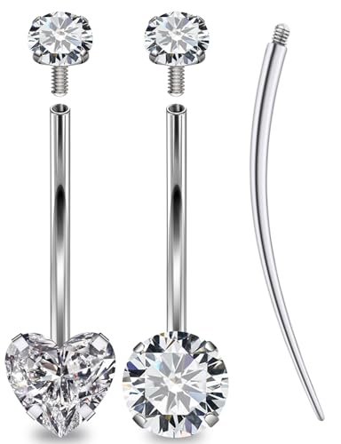 Oufksiyy Long and Extra long Bar Belly Button Ring Internal Thread Hypoallergenic Surgical Stainless Steel 16mm 14 Gauge Navel Rings Cubic Zirconia Buuton Body Piercing Jewelry For Women Men