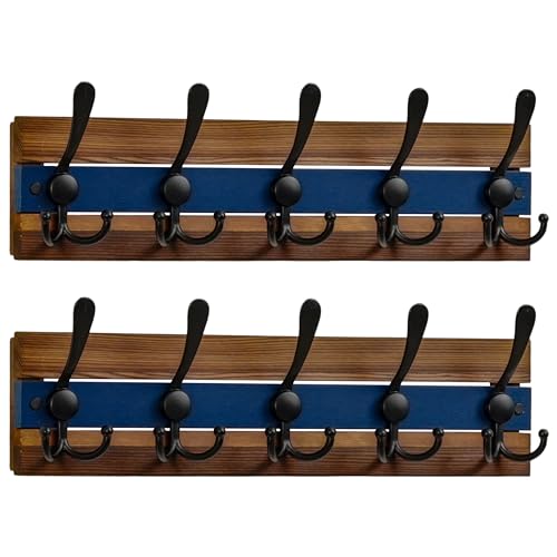 Image of SKOLOO Rustic Wall Mounted Coat Rack - 16-7 /8 inch Long Coat Hooks for Wall with 5 Triple Hooks for Hanging Coats, Hats or Tools, Western National Parks Collection, Wood Brown & Blue, Pack of 2