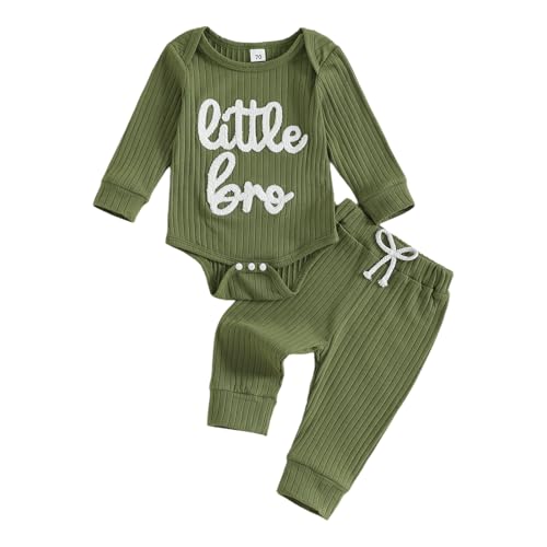 Little Brother Neugeborenen-Outfit mit Stickerei, gerippter Body, Jogginghose, niedlich, 2-teilig, für Jungen, Herbst, Winter, Kleidung, Willkommen zu Hause, Baby-Ankündigung, 3, 6, 9, 12 Monate