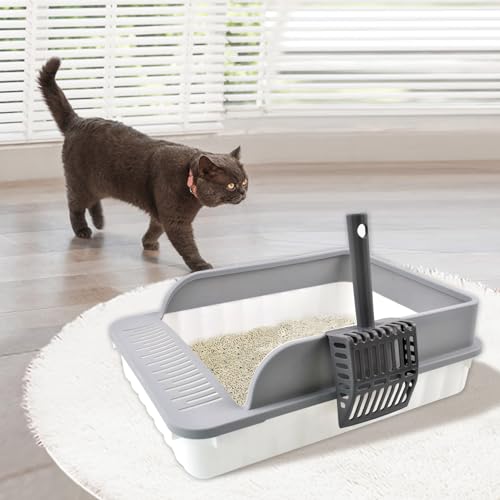 Arenero abierto para gatos con bordes altos anti-salpicaduras gris miniatura 6