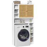 FORABAMB Meuble Machine à Laver, Meuble Toilettes WC Rangement avec 7 Compartiments Ouverts et Espace Derrière 2 Portes en Bambou, Armoire de Salle de Bain avec Étagères réglables, 173×82×20 cm, Blanc