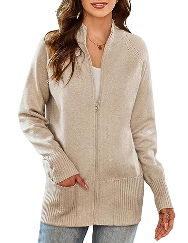 GRACE KARIN Womens Long Sleeve Zip Up Knit Cardigan with Pockets Stand Collar Full Zip Sweater Coats Trendy Fall Jackets