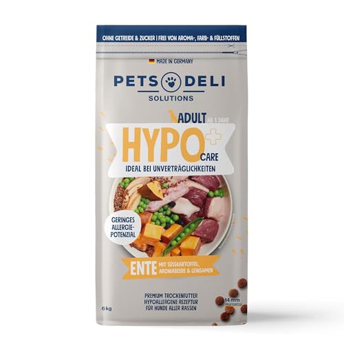 Pets Deli Hypocare Hunde Trockenfutter Ente & Süßkartoffel, hypoallergen, monoprotein, ideal bei Unverträglichkeiten & Allergien, getreidefrei, ohne Zucker, 6kg, Premium Qualität