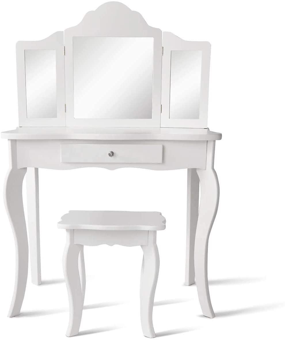 GOPLUS Tocador para Niñas con Espejo de 3 Persianas Plegables Ajustables, Parte Superior Extraíble, Tocador Infantil de Maquillaje para Niños, 70 x 34 x 100 cm (Blanco)