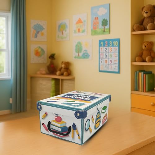Lavatelli Back to School Organizer, Kartonbox für Kinder Schulsachen. Schreibwaren & Kreativmaterial, 4 verstellbare Fächer + Stifthalter, für A4 Blätter, Stifte & Marker, 32x22,5x15 cm
