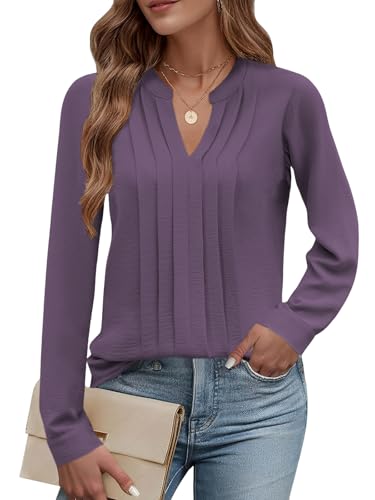 Cuptacc Camisas Mujer Manga Larga Elegante con Pliegues Y Flores Blusa Mujer Otoño Camisetas Túnica Morado, X-Large XL 46-48