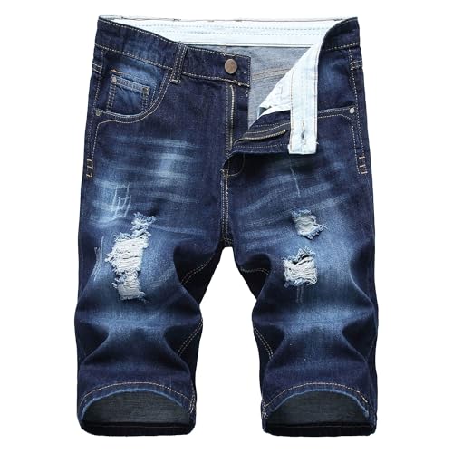 Maiyifu-GJ Men's Street Style Slim Fit Denim Shorts Stretch Ripped Jeans Shorts Skinny Fashion Flex Waist Denim Shorts (Dark Blue,28)