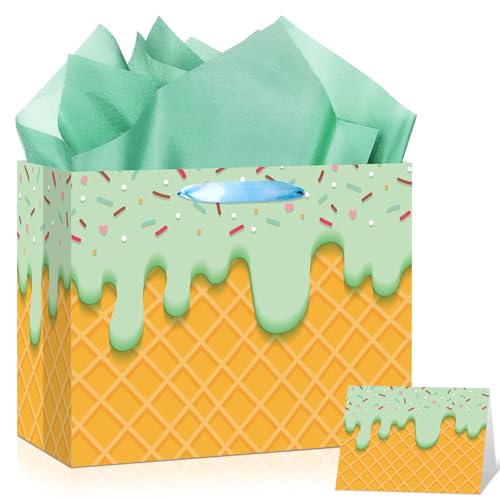 Yomaiha Ice Cream Gift Bag with Tissue Paper and Greeting Card Ice Cream Gift Wrapping Paper Goodie Bags for Summer Birthday Baby Shower, Sweet One Party Favors Birthday Party Supplies (Green)