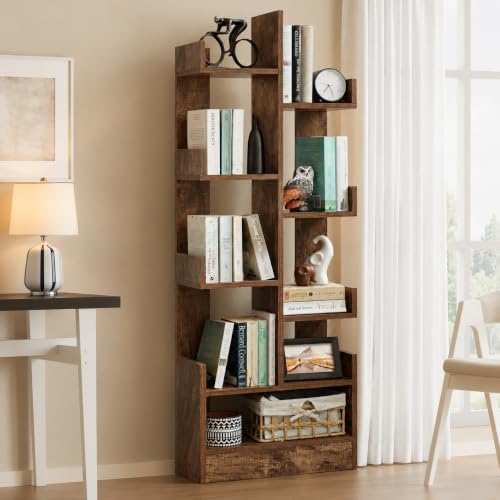 Image of Wooden Bookshelf for Living Room | 8-Tier Bookcase Storage Organizer | Multipurpose Display Shelf for Books, Plants & Decor | Freestanding Engineered Wood Book Rack for Home, Office & Bedroom
