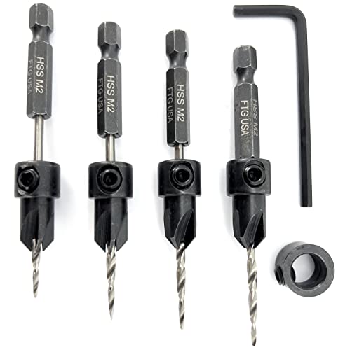 Image of FTG USA #4 (7 /64 inch) Wood Countersink Drill Bit 4-Pc Set with 3 /8 inch Depth Stop | Convenient 4-pack of identical tapered bits for woodworking. Includes an adjustable 3 /8 inch depth stop collar