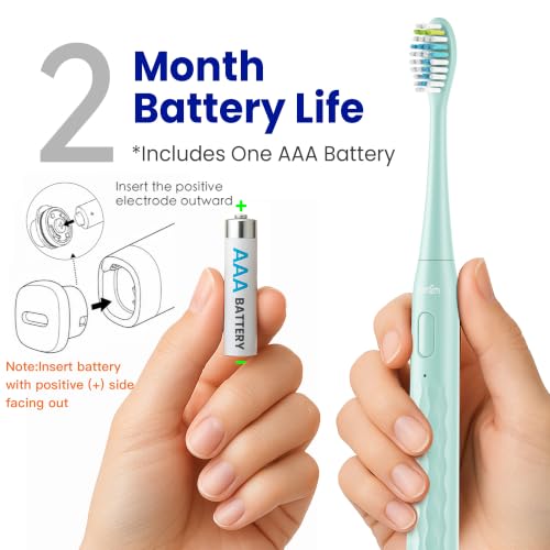 Image of 7AM2M Sonic Travel Electric Toothbrush for Adults & Kids, Travel Case&2 Brush Heads, Battery Powered Sonic Toothbrush, Compact Design for Daily /Travel Use-Green