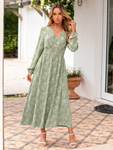Image of Simplee Womens Boho Floral Long Sleeve Maxi Dress V Neck Empire Waist Fall Wedding Guest Dresses with Pockets