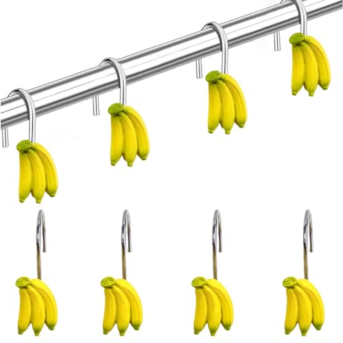 Image of Banana Shower Hooks 12 Pack - Playful Monkey Bathroom Decor, Non-Slip Curtain Rings for Tropical Kids Room Theme, Durable Resin Bath Accessories
