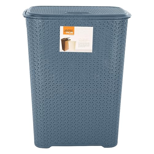 65L Large Drop-All Plastic Rattan Style Laundry Basket with Hinge Lid Durable Storage Bin for Clothes Home Organization Easy Carry Handles Ideal for Laundry Room Bedroom or Bathroom (1, Blue)