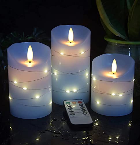 Danip Sky Blue Led Flameless Candle With Embedded Starlight String, 3 Led Candles, 11 Key Remote Control, 24 Hour Timer Function, Dancing Flame, True Wax, Battery Powered. (Sky Blue) #TOP6
