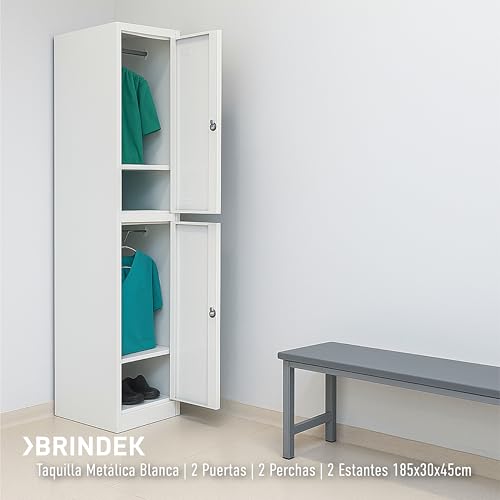 BRINDEK Taquilla Vestuario metálica 2 Puertas Blanca RAL 9016-185x38x45 cm con Cerradura, balda y Barra Interior - Incluye Llave | Armario metálico Estrecho Garaje Oficina Locker - imagen 9