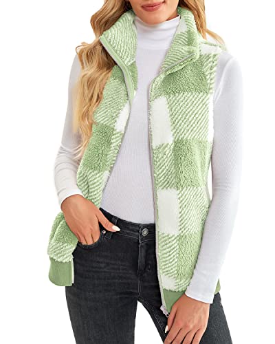 Lamissche Womens Fuzzy Fleece Zip Up Vest Sleeveless Plaid Fluffy Sherpa Coat Warm Faux Fur Jacket With Pockets(A01-Light Green,2Xl) #TOP2