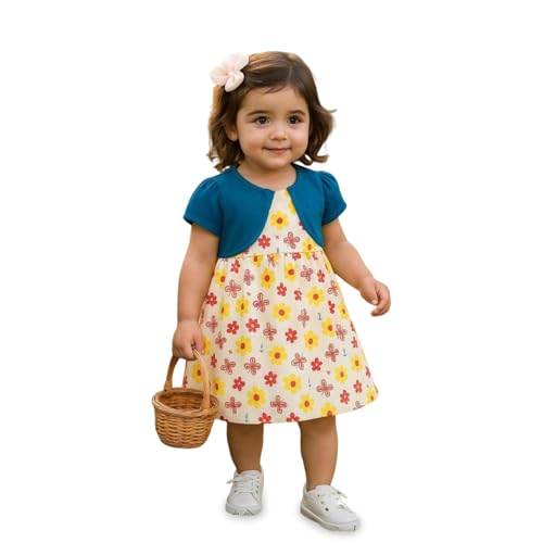 Image of Kidbea Baby Girls' Floral A-Line Frock with Shrug | Cotton Casual Wear, Printed Dress for Infant Kids (Yellow, 12-18 Months)