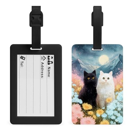 Etiqueta de equipaje con diseño de gato y gatos blancos en las flores, bolsa de viaje, maleta, etiquetas de nombre