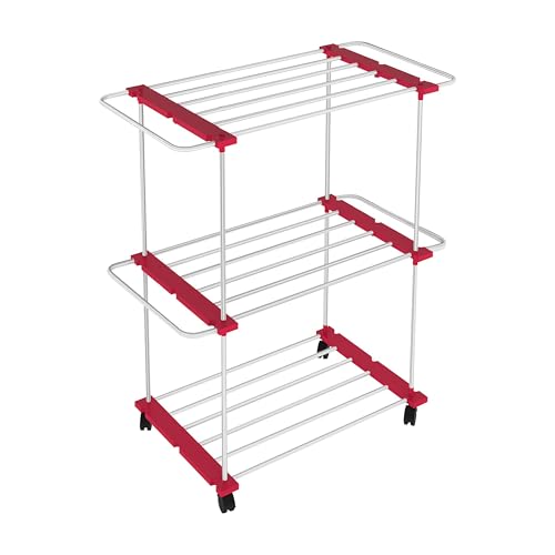 Image of TNT THE NEXT TREND Trixy 2 Layer Carbon Steel Indoor & Outdoor Clothes Drying Stand with U-Bar, Wheels, 33.4 ft Drying Space, (L96 x B45.3 x H119.5 cm), 5 Year Rust Proof Warranty, Cherry