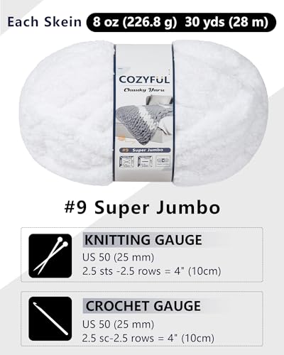 Image of Cozyful Chunky Yarn for Hand Knitting, #9 Thick Jumbo Big Chunky Yarn for Crocheting, Super Chunky Knit Blanket Yarns, Large Chunky Chenille Yarns, 8 Pack (30 yds 8 oz Each Skein), Pure White