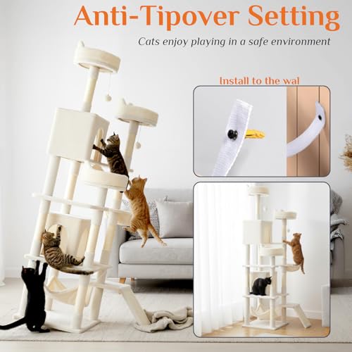 Image of Sweetcrispy Cat Tree 75 Inch, Large Multi-Level Tall Cat Tree Tower with Condo, Perches, Sisal Scratching Posts Board and Hammock, Pet Play House with Dangling Balls for Indoor Cats, Beige