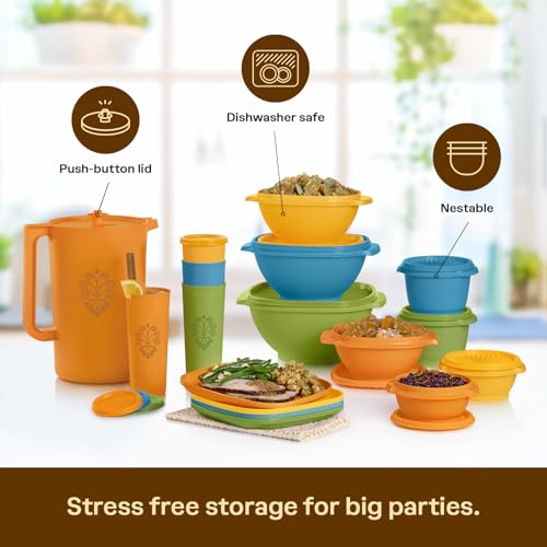Image of Tupperware Heritage Get it All Retro Collection, 30 Piece Food Storage Container Set in Retro Colors, Dishwasher Safe and BPA Free