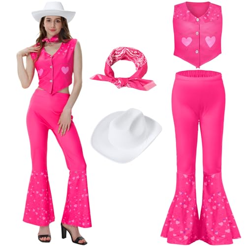 JenPen 4 Pcs Pink Cowgirl Outfits for Women 70s 80s Disco Costume Set with Flare Pants Vest Hat Bandana for Halloween Cosplay(M)