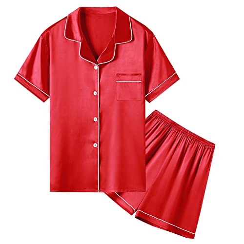 Image of Umeyda Women & Girls Pajamas Set, Soft Satin Lightweight Silk Button-Down Top with Shorts 2 Piece PJS for Mom Boys Kids Gifts