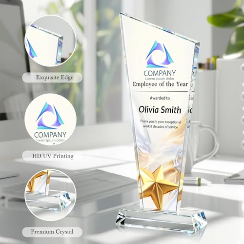Image of Custom Crystal Trophy Award Personalized Plaque Award with Text Logo Photo Awards Trophies for Employee Recognition Team Graduation Personalized Office Gifts for Boss Coworker Teacher