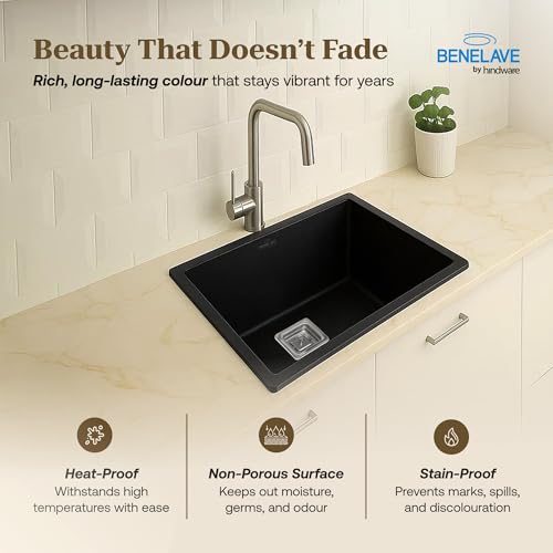 Image of Benelave by Hindware BLACP91005 Quartz Sink 21x18 for Kitchen | Single Bowl | Black Color | Better Sound Absorption for Quieter Use | 7-year Manufacturer Warranty