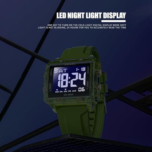 KXAITO Digital Sports Watch, Square Case 44mm, LED Night Light Display, 5ATM Waterproof, Silica Gel Band, Alarm Chronograph Stopwatch, Gift (Black) — view 6