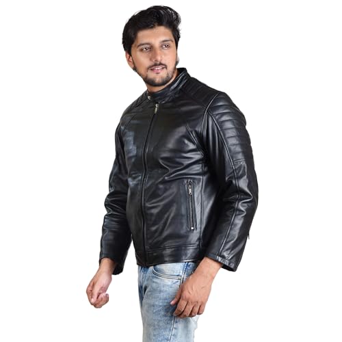 Image of Body Guard Genuine Leather Jacket | Genuine & Pure Leather Jacket | Mens Solid Biker Jacket | Full Sleeve Solid Jacket for Men's Biker Style | 4 Zipped Pockets with zipped Sleeve