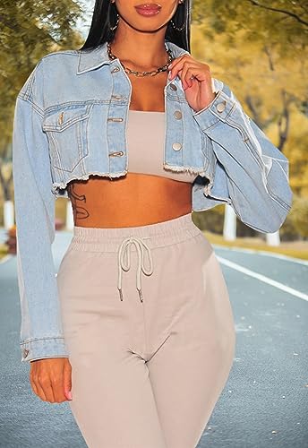 Image of YouSexy Cropped Denim Jackets for Women Long Sleeve Destroyed Wash Jean Jackets
