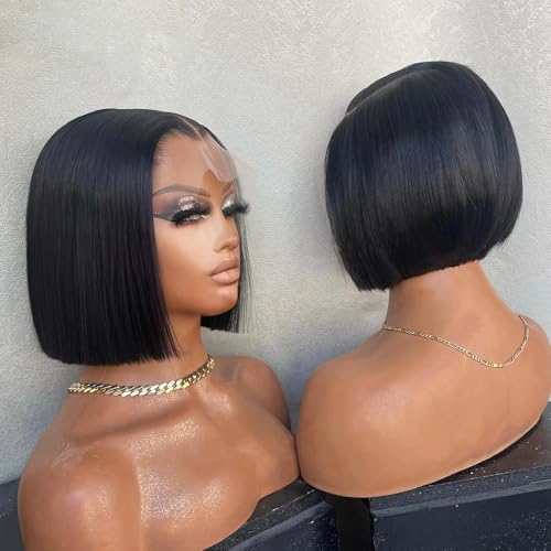 oulaer Bone Straight Bob Human Hair Wigs Pre Plucked 13x6 HD Transaorent Lace Front Wigs Match All Skin Blunt Cut Bob Wig Brazilian Virgin Hair Glueless Natural Hairline Wig 150% Density 8Inch