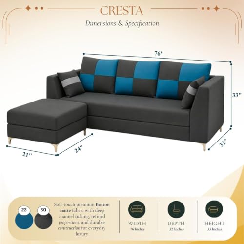 Image of FURNY Signature Cresta 4-Seater L-Shape Sofa Set with Movable Ottoman | Flexible LHS /RHS Layout | Boston Fabric | 40D Foam + Zigzag Spring | 3-Yr Warranty (Dark Gray - Aqua Blue)