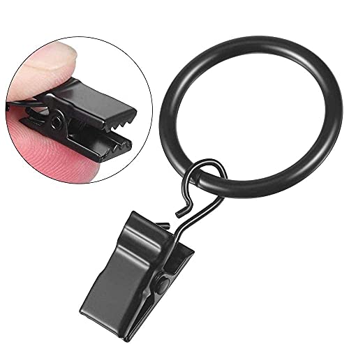 Curtain Rings with Clips 1.5 Inch Set 20 Heavy Duty Curtain Hooks for Decorative Drapery Rings, Rings with Curtain Clips,Curtain Clip Rings,Drapery Rings,Black