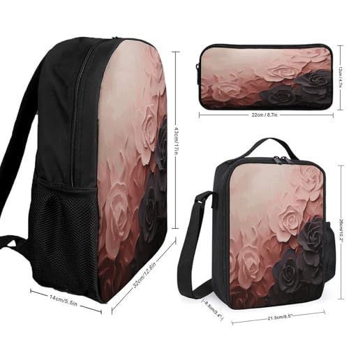 Printed Backpack With Lunch Pack Storage Box Case Rose Color Blush And Black 3pcs Lightweight Travel Backpack2