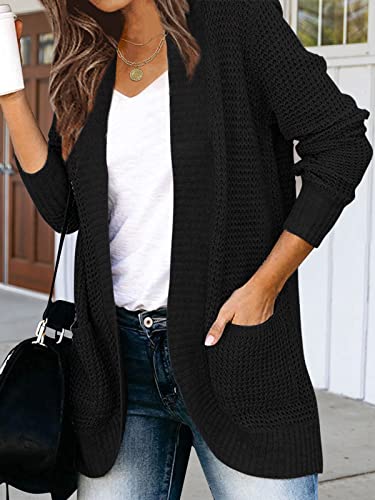 Yibock Womens Long Sleeve Open Front Waffle Chunky Knit Draped Cardigan Sweater Outwear Black #TOP2