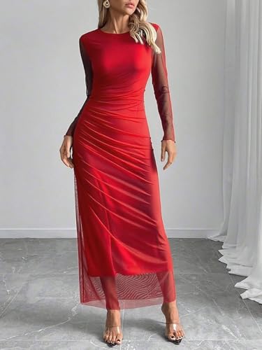 Image of Womens Long Sleeve Maxi Dress Mesh Bodycon Spring Fall Formal Wedding Guest | Tie Dye Ruched Night Out Cocktail Party Long Dresses