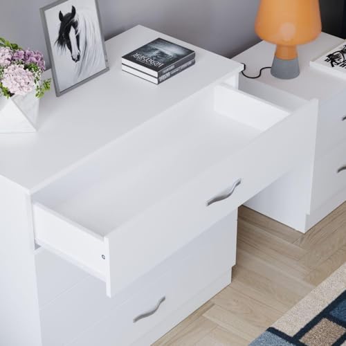 Image of White 4 Drawer Dresser with Metal Handles and Slides, Unique Anti-Warp System, Riano Bedroom Furniture