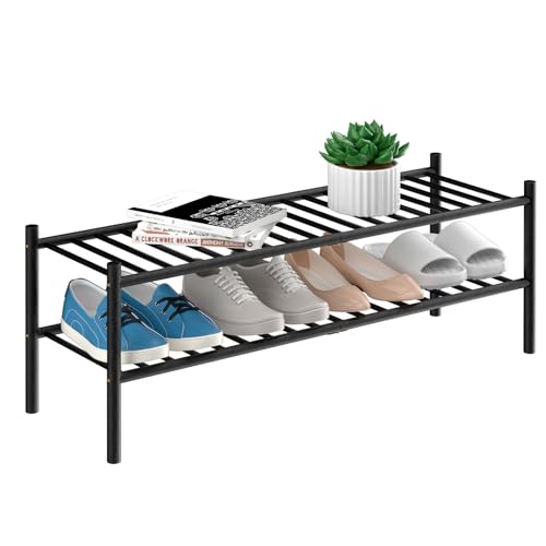 2-Tier Bamboo Long Shoe Rack, Free Standing Wood Shoe Shelf Storage Organizer for Closet Entryway Stackable 35"x11"x13" (Black)