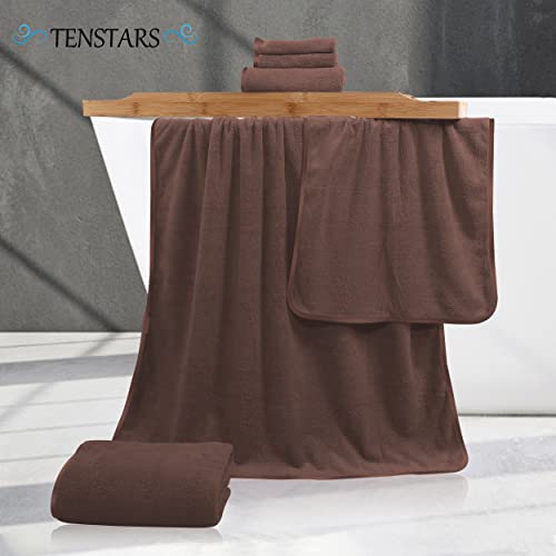 Tenstars Luxury Silk Hemming Towel Set - Light Thin Quick Drying - 2 Bath Towels 2 Hand Towels 2 Washcloths - Ultra Soft Microfiber Towel For Bath Fitness, Sports, Yoga, Travel (Wood Brown 6 Pieces) #TOP1