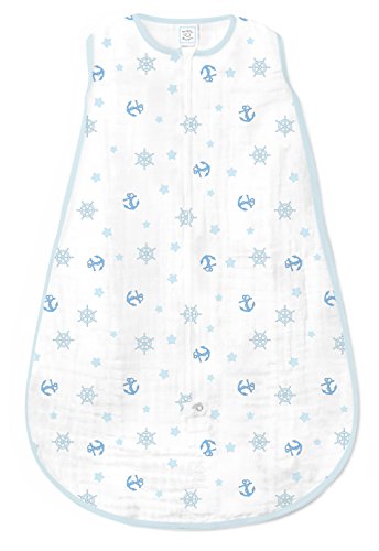 Image of SwaddleDesigns Cotton Muslin Sleeping Sack with 2-Way Zipper, Pastel Blue Nautical Ahoy!, Small 0-6 Months